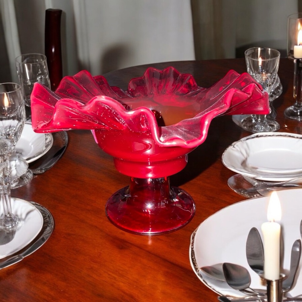 Vintage Fenton Ruby Red Thumbprint Glass Compote Ruffled Candy Dish - Picture 4 of 14